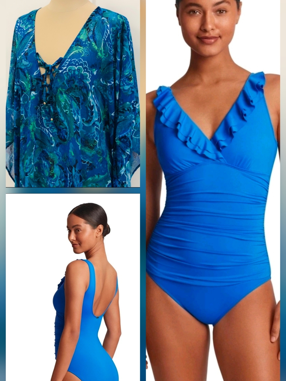 Ralph Lauren Bright Blue Ruffle V-Neck One-Piece Swimsuit Set With Cover Up.